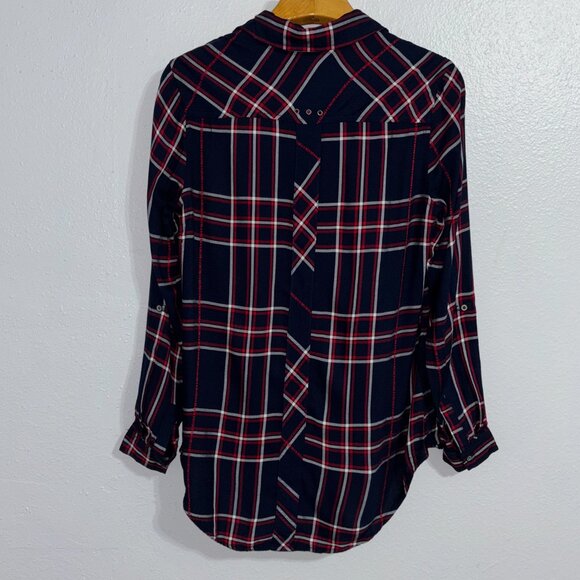Westbound Plaid Button Front Shirt S Navy Red Rayon Cabincore Fall Top Roll Tab - Picture 5 of 12